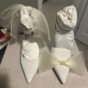 Jimmy Choo Cream Heels with Bow Accent